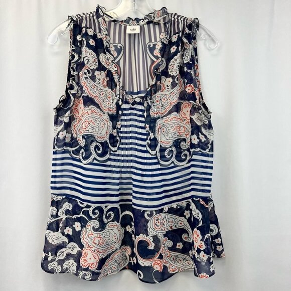CAbi Tops - Cabi Womens Peplum Top Multicolor Paisley Stripe Sleeveless V Neck Sheer S